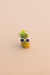 Funny pineapples in stylish sunglasses on the sand..