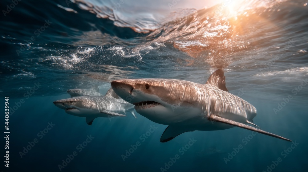 Poster A mesmerizing display of powerful sharks swims effortlessly in the deep blue ocean. Rays of sunlight pierce through the water, highlighting their sleek forms. Nature's beauty is on full show