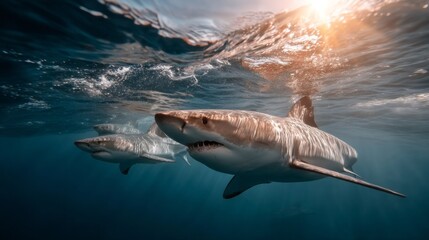 Fototapeta premium A mesmerizing display of powerful sharks swims effortlessly in the deep blue ocean. Rays of sunlight pierce through the water, highlighting their sleek forms. Nature's beauty is on full show