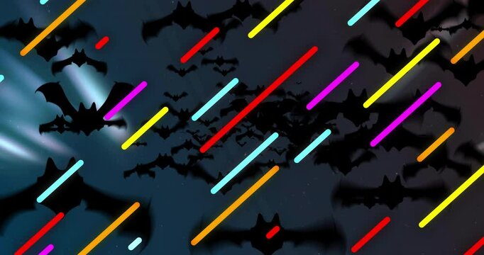 Flock of bat silhouettes flying across dark starry background, with neon bars in flat design