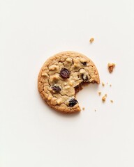 Bitten Chocolate Chip Cookie With Crumbs on Clean White Background for Tasty Visual Appeal