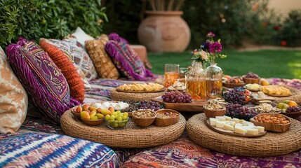 Fototapeta premium boho style guest treats at a picnic, rattan trays, colorful cushions, natural snacks like fruits and cheese, outdoor setting 