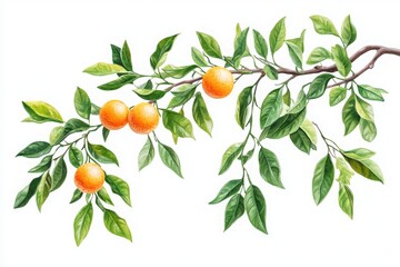 A vibrant illustration of a citrus branch adorned with ripe oranges and lush green leaves, set against a clean white background, ideal for use in botanical publications or kitchen decor