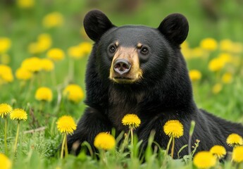 Fototapeta premium Black bear resting among vibrant yellow dandelion flowers in a lush green meadow, showcasing nature's beauty and wildlife in a serene environment