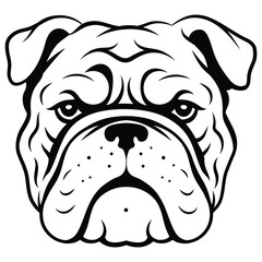 Create a bold, detailed black-and-white illustration of a bulldog's face. The design emphasizes the breed's signature characteristics: a strong, wrinkled forehead, drooping jowls, short muzzle, and a 