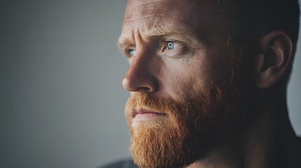 Obraz premium Close-up profile of a pensive man with a reddish beard and blue eyes, gazing thoughtfully into the distance. His expression is serious and contemplative.