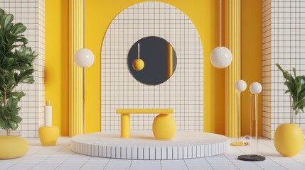 Yellow and white minimalist interior scene with geometric shapes and plants.