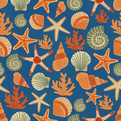 Hand-Drawn Seamless Beach Pattern with Colorful Sea Life, Starfish, and Shells on Deep Blue