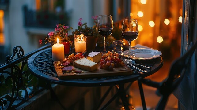 romantic French dinner, cheese board, wine glasses, Parisian atmosphere, intimate setting 