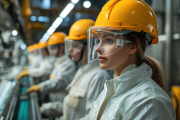 Woman in hard hat and safety glasses inspecting construction plans on a busy work site.