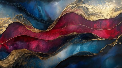 An ethereal swirl of deep ruby red, midnight blue, and onyx black, with soft golden veins running through