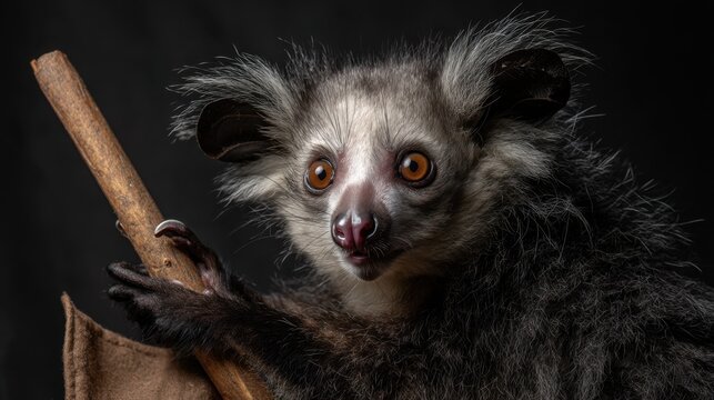 Portrait of a Wooly Lemur with Rustic Wooden Staff, Dark Background