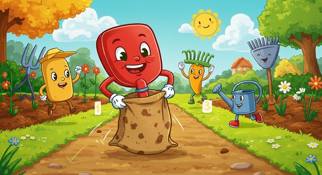 Cartoon gardening tools sack race illustration