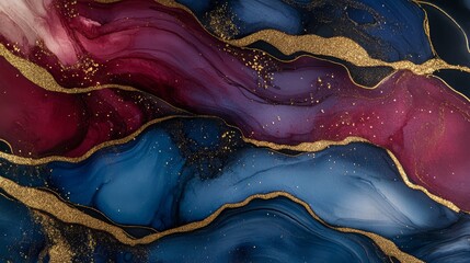 An ethereal swirl of deep ruby red, midnight blue, and onyx black, with soft golden veins running through