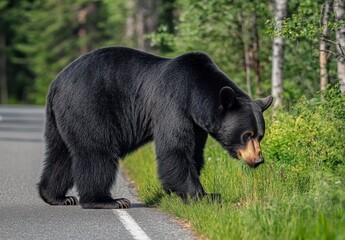 Fototapeta premium Black bear walking along a roadside in a lush green forest environment, showcasing natural wildlife behavior and serene outdoor scenery