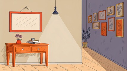 Dark gallery room interior featuring a stylish desk with a mirror and lamp creating a cozy and elegant atmosphere