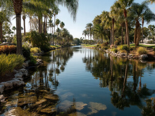 Tranquil Canal Reflecting Palms.