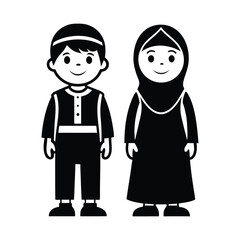 Muslim Boy and Girl Cartoon Silhouette in Traditional Clothing vector illustration on white background