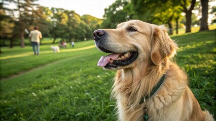 Happy golden retriever dog enjoying a sunny day outside at a park surrounded by green grass and trees