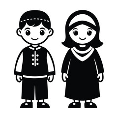 Muslim Boy and Girl Cartoon Silhouette in Traditional Clothing vector illustration on white background