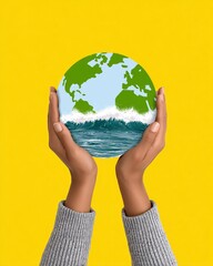 Hands Holding a Colorful Earth Globe with Waves on a Bright Yellow Background