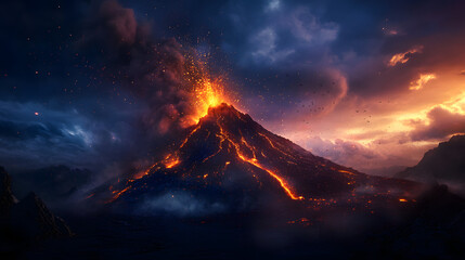 Lava exploding from the mouth of a volcano under a twilight sky, with glowing embers flying in the air.