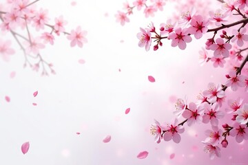 Vibrant sakura branches, scattered blossoms, white background , art, bright