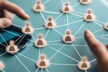Connecting people icons with lines on a blue background with a phone and two fingers touching it