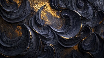 Dark fantasy design with rich deep purple, midnight black, and gold accents, swirling in an abstract pattern 