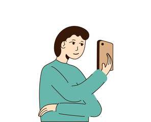 Young man holding the phone in his hand in front of his face and looking at smartphone. Boy looks at his phone screen. Men stands and talks on video call. Takes pictures. Vector illustration.