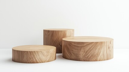 Set of minimalist wood-textured podiums in irregular shapes on white background