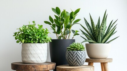 Fototapeta premium Set of modern indoor plants in geometric pots on wooden stools on white background.