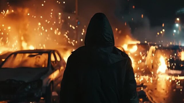 Hooded man witnessing burning cars in urban unrest