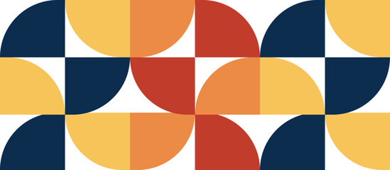 Geometric abstract art, Bauhaus style, semicircles and quarter circles, navy blue, mustard yellow, burnt orange, white background, 