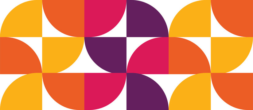 Geometric pattern, retro design, vibrant colors, orange yellow purple, quarter circles, abstract composition, vintage style, symmetrical layout, mid-century modern, minimalist shapes,