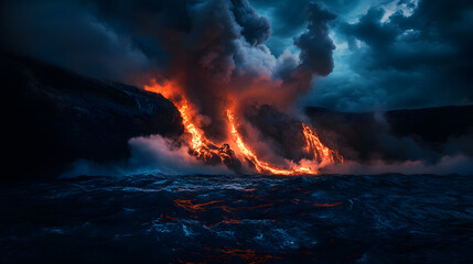 Lava flowing from a volcano into the ocean, steam rising as it meets the water.