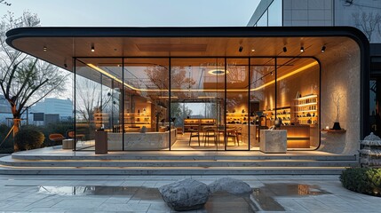 Contemporary retail storefront featuring extensive glass windows and minimalist interiors, illuminated by sunset with warm ambiance 