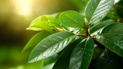 Close-Up of Fresh Green Leaves with Raindrops Glimmering in Soft Morning Light
