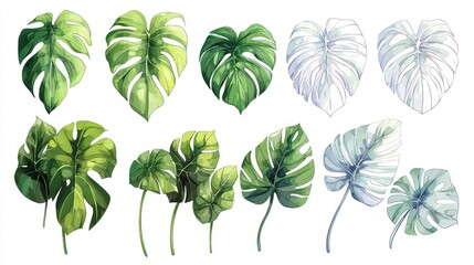 Obraz premium Set of monstera leaves with varying green hues on white background