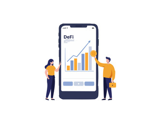 A couple excitedly examines a DeFi app on a large smartphone, showcasing growth and financial opportunity. Modern, bright, and optimistic concept.