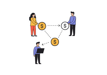 Four people exchange money in a simple, modern illustration. Represents transactions, networking, or financial connections. Clean, flat design.