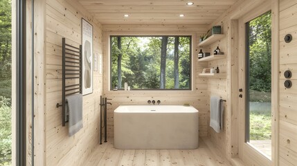 Modern Minimalist Bathroom Interior with Large Window Overlooking a Serene Nature View