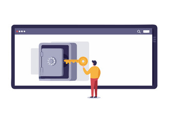 A man unlocks a digital safe on a computer screen, symbolizing security, access, and online protection. Clean, modern design for business or tech concepts.
