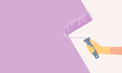 Human hand in yellow rubber glove holding roller brush and painting wall in purple color, copy space. Flat vector illustration
