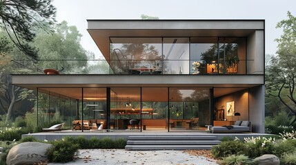 Contemporary retail storefront featuring extensive glass windows and minimalist interiors, surrounded by minimal landscaping 