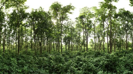 Set of natural forest with healthy green trees and dense undergrowth on white background.