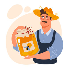 Handsome farmer with moustache in straw hat holding jar of fresh honey. Flat vector illustration