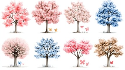 Obraz premium Collection Of Colorful Trees In Different Seasonal Blooms With Butterflies In A Natural Setting