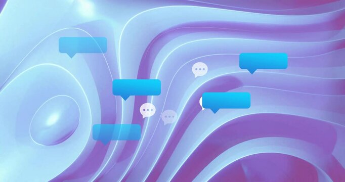 Floating chat bubbles forming cluster within abstract 3D render, complementing fluid wave backdrop