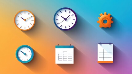 Flat design icons of clocks, gears, and calendars